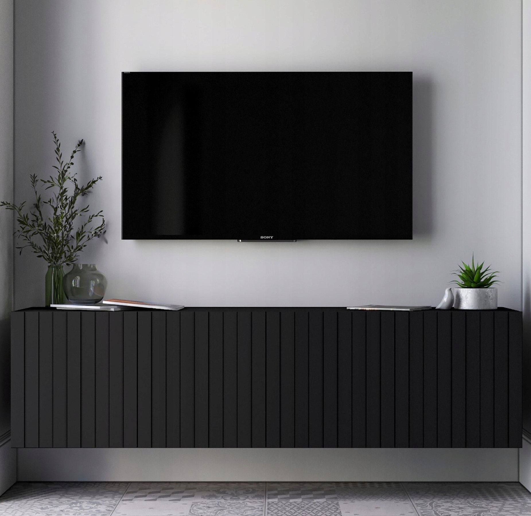 Meble Lindner ELPIS TV Wisząca szafka RTV Komoda Glamour Czarny MAT 150cm