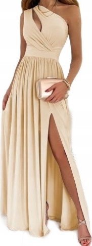 Sukienka Wieczorowa Rozkloszowana Na Jedno Ramię Maxi Długa Beżowa S