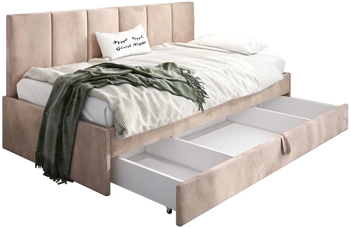 Łóżko młodzieżowe SORA 2 80x200 beżowe z tapicerowanym panelem i szufladą MKPOL