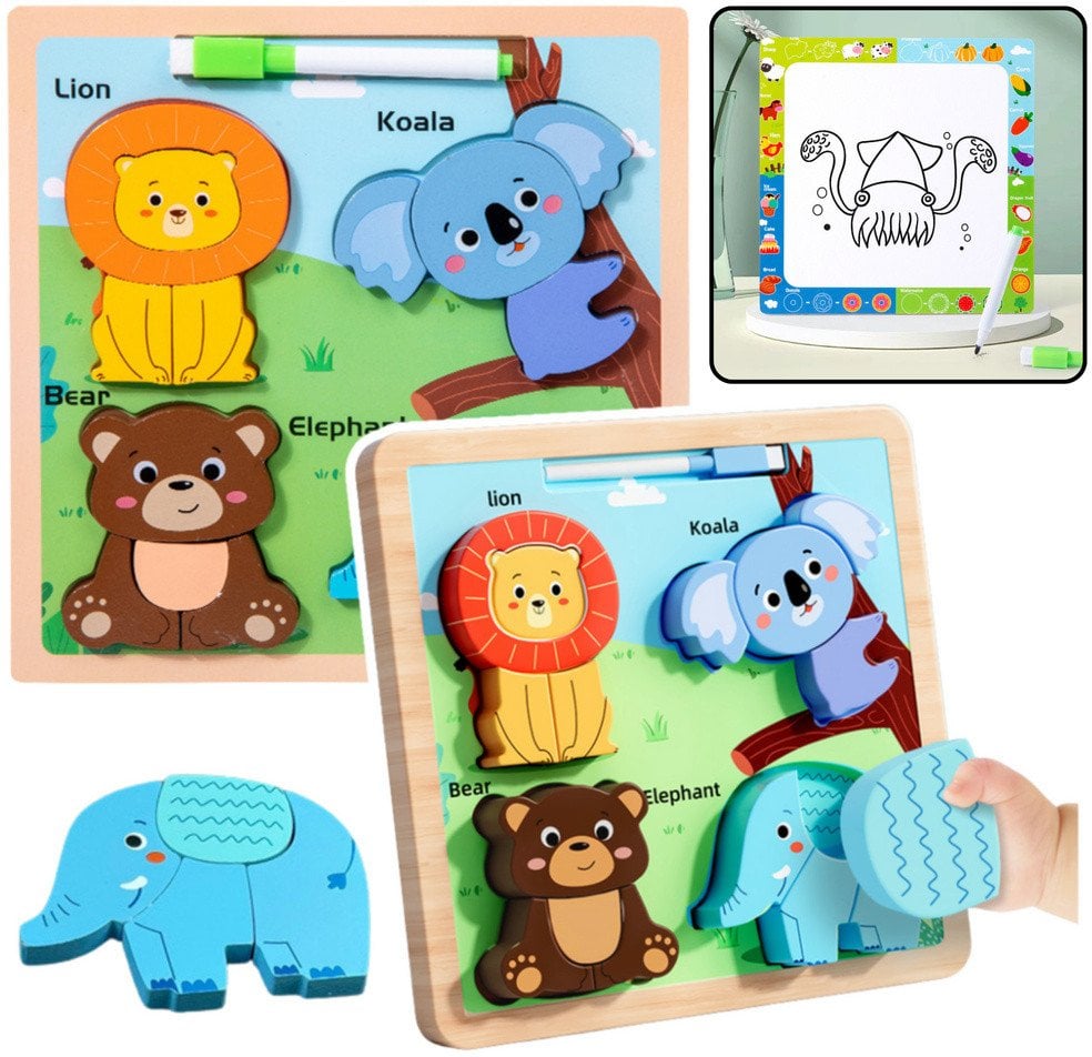 Układanka Tablica 2w1 Drewniana Edukacyjna Dzikie Zwierzęta Pisak