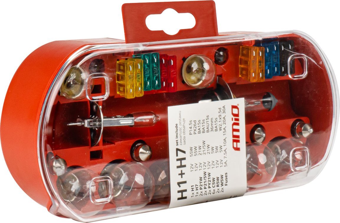 AMiO Zestaw zasobnik komplet żarówek zapasowych bezpieczniki 30 szt. h7 + h1 amio-03960