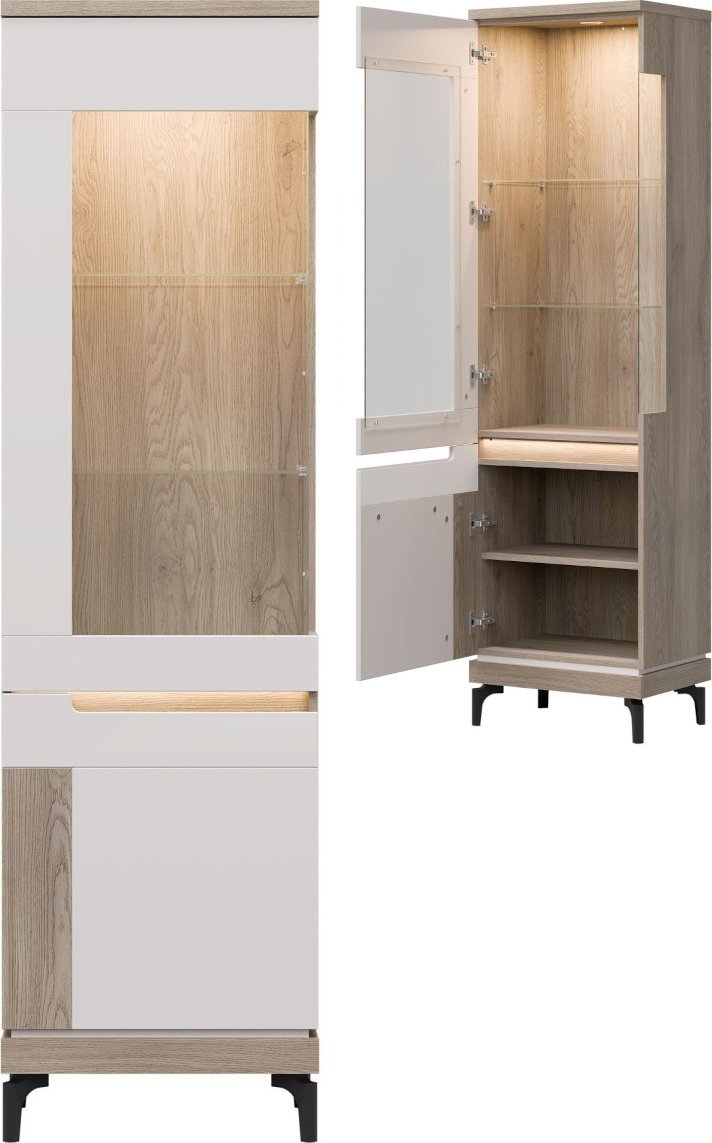 BogFran Witryna LEWA wysoka Gablota szklana wąska do salonu Dąb Cremona ASTON AN05