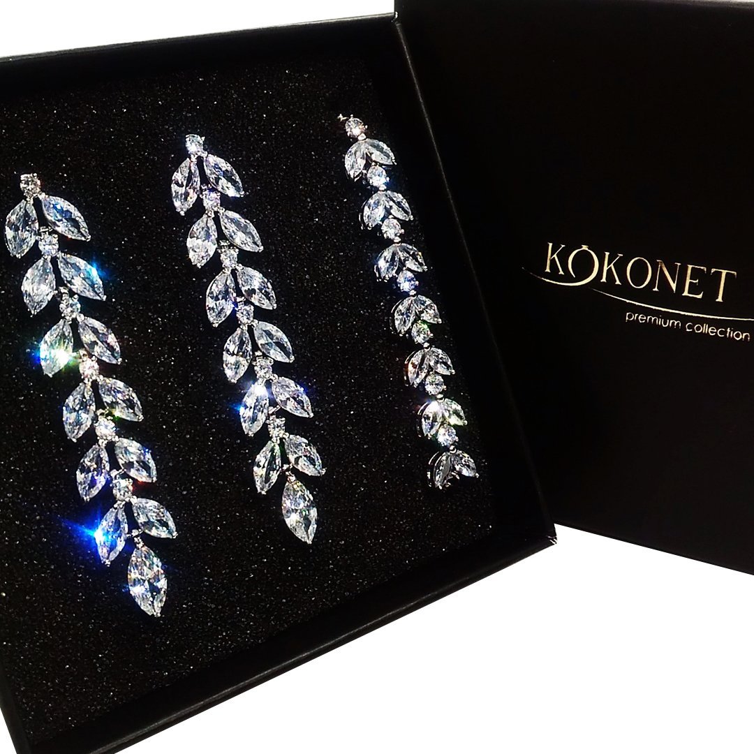 KOKONET Długie efektowne kolczyki srebrne ślub i bransoletka z listkami Panna Młoda