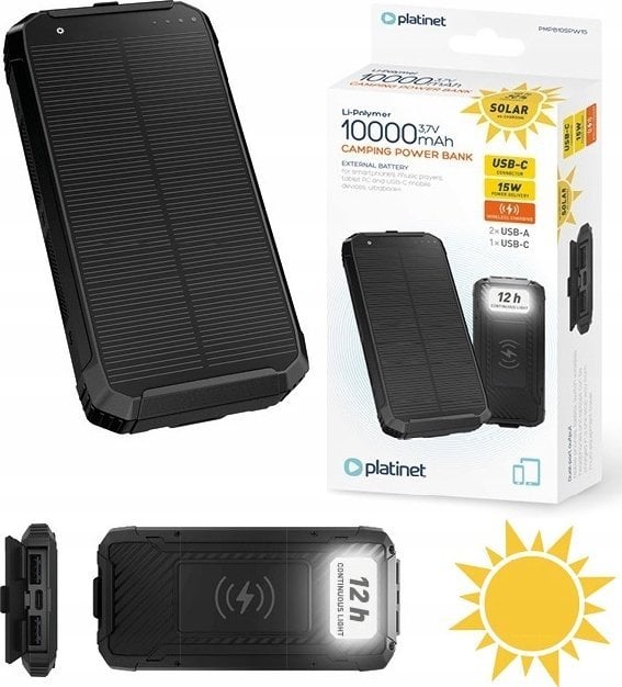 PLATINET POWER BANK 10000 mAh WIRELESS CHARGER 15W SOLAR PANEL 2x USB-A + USB-C [46030]