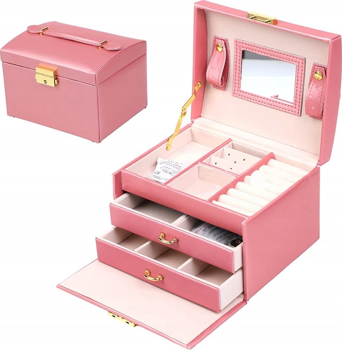 SZKATUŁKA KUFEREK NA BIŻUTERIĘ POJEMNY ELEGANCKI PUDEŁKO LUSTERKO RÓŻOWY