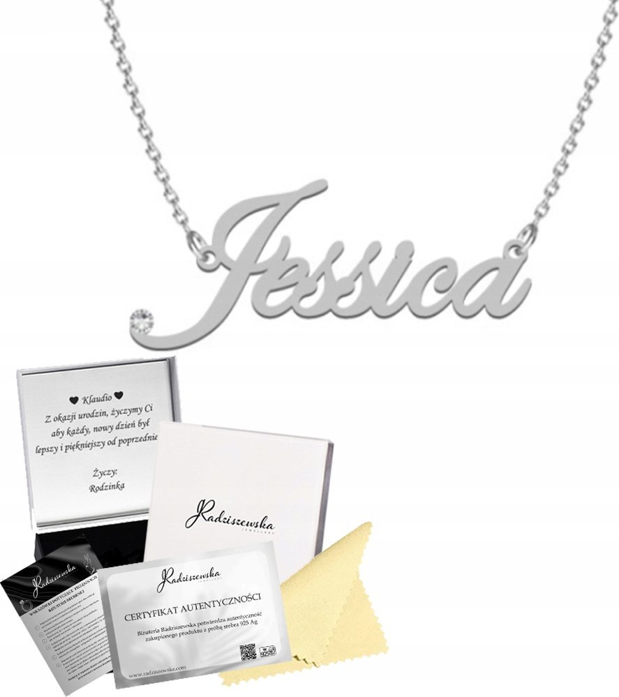 Radziszewska Jewellery NASZYJNIK SREBRNY Z IMIENIEM JESSICA ŁAŃCUSZEK PREZENT 925 DEDYKACJA GRATIS
