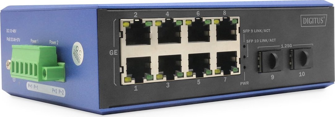 Switch Digitus DIGITUS Industrial 8+2 -Port Gigabit Ethernet PoE Switch 8 Port GE PoE RJ45 2 GE SFP Port