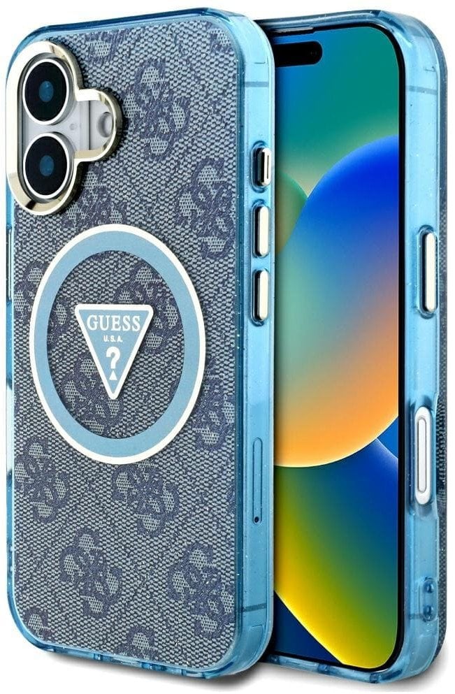 Case Guess IML Metal Glitter 4G Circle Triangle MagSafe for iPhone 16 blue