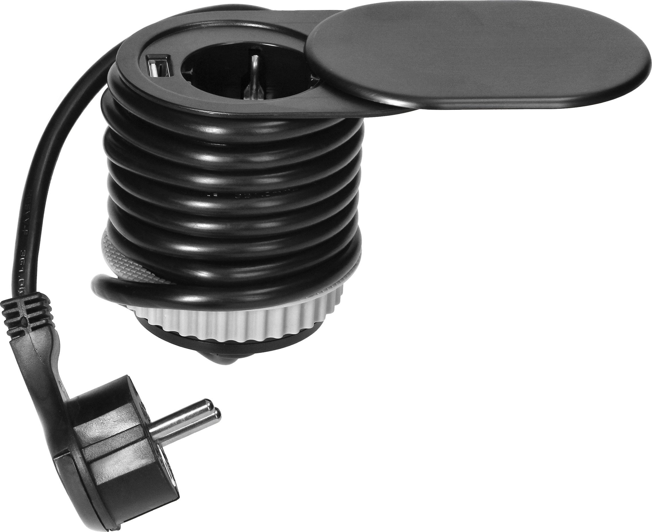 Orno Gniazdo meblowe ?6cm, czarne, wpuszczane w blat z przesuwną pokrywką, ładowarką USB i przewodem 1,9m, 1x2P+Z, 1xUSB (2,4A), 3x1,5mm?, wersja Schu