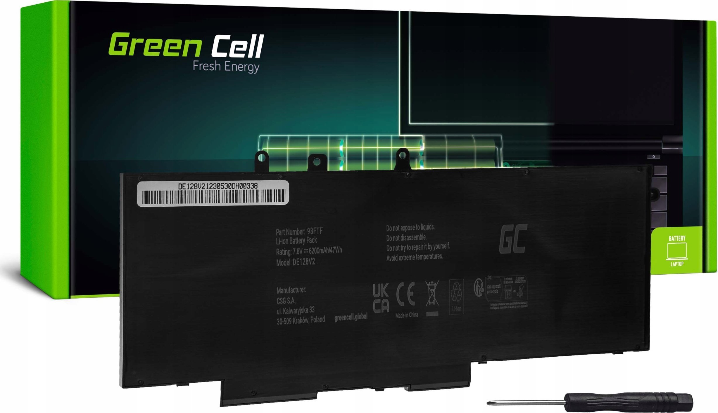 Bateria Green Cell 93FTF GJKNX 7,6V 6200mAh do Dell Latitude 5290 5490 5580