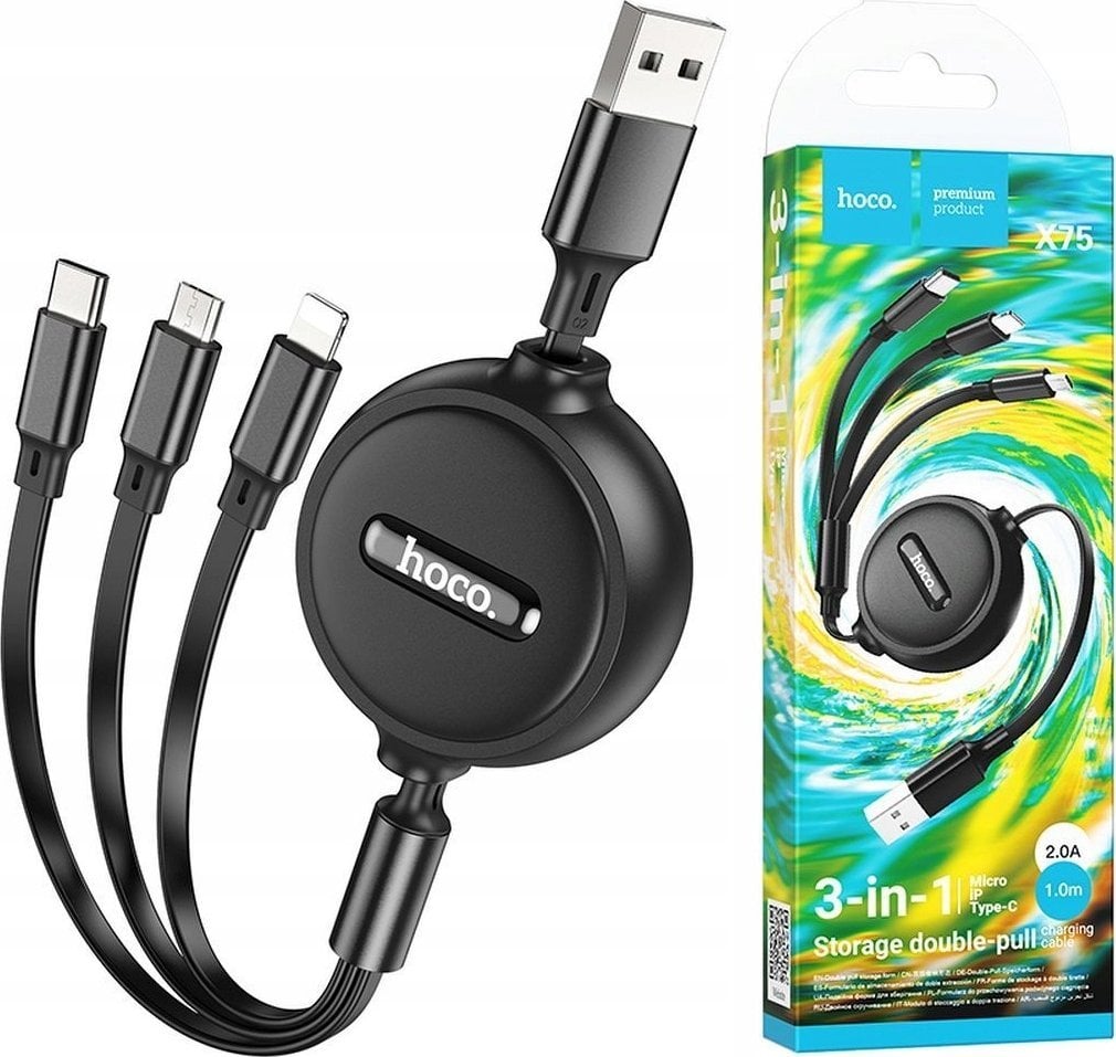 Kabel USB Partner Tele.com USB-A - USB-C + microUSB + Lightning 1 m Czarny