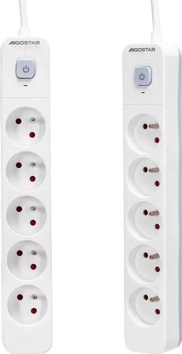 Aigostar Francuski przedłużacz 5-gniazdowy z wyłącznikiem biało-szary 3m Francuski przedłużacz 5-gniazdowy z wyłącznikiem biało-szary 3m
