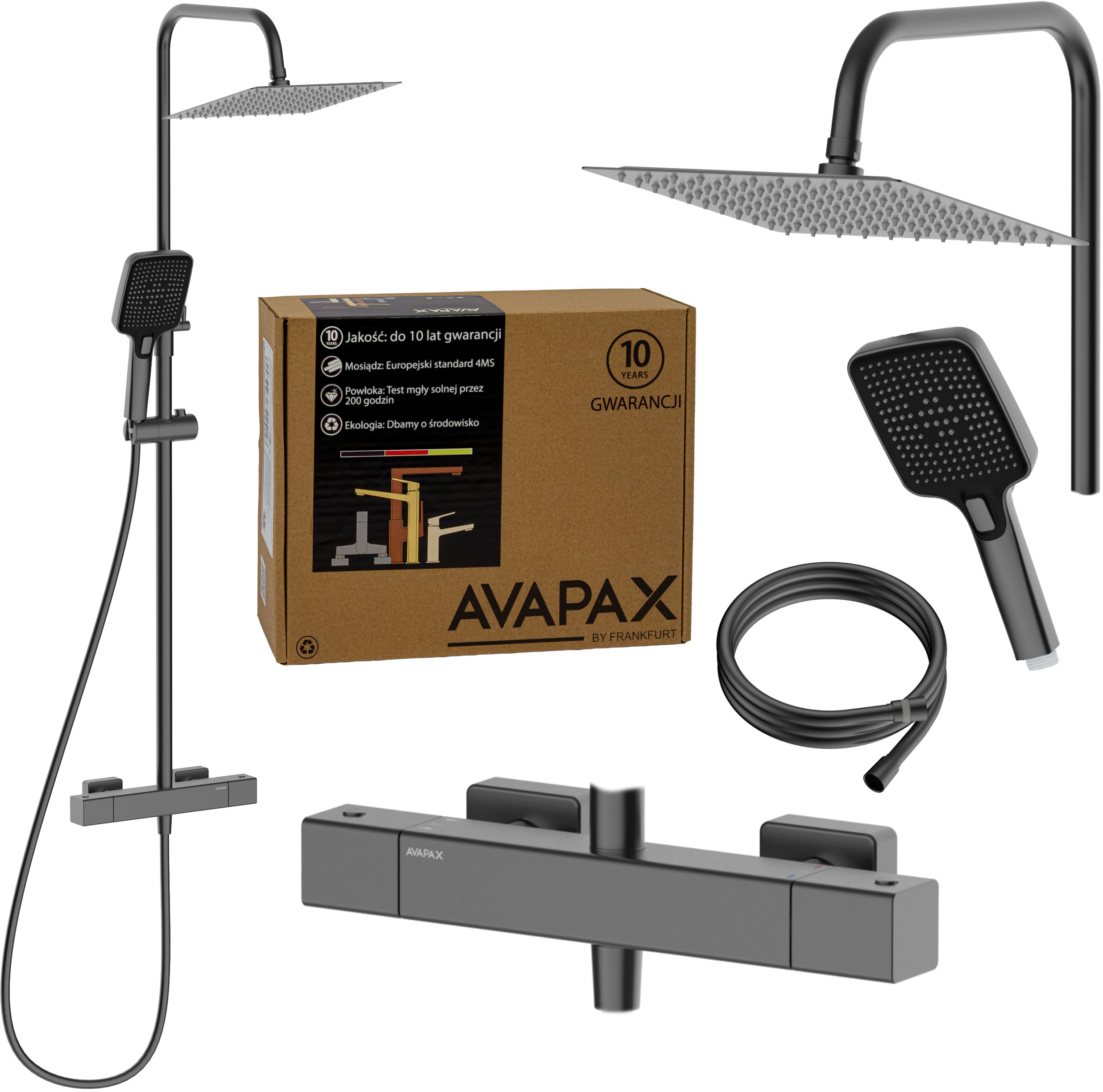 Deszczownica z baterią prysznicową termostatyczną dwufunkcyjną, Kolor: czarny