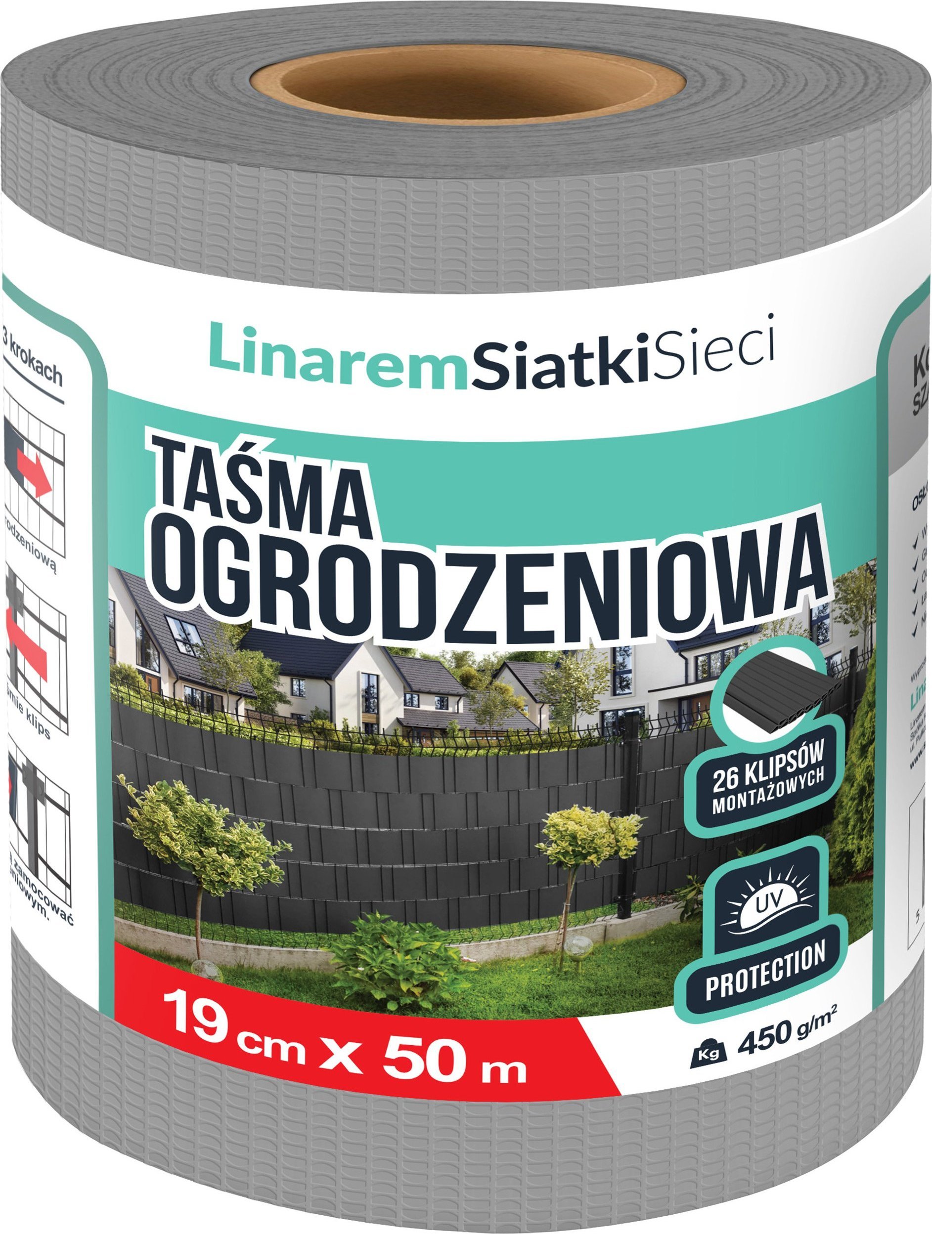 Linarem SiatkiSieci TAŚMA OGRODZENIOWA SZARA 19cmx50m OSŁONA NA OGRODZENIE PANELOWE PŁOT +UV