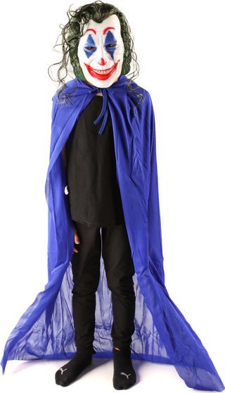 PRC STRÓJ ZESTAW JOKER MASKA Z WŁOSAMI + NIEBIESKA PELERYNA Z KAPTUREM, HALLOWEEN, KARNAWAŁ