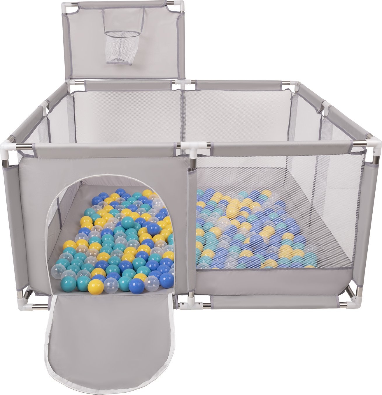 Selonis Selonis Boisko KK-100X z piłeczkami 6cm szary: niebieski-turkus-żółty-transparent 125x125x105/400piłek Zabawka kojec