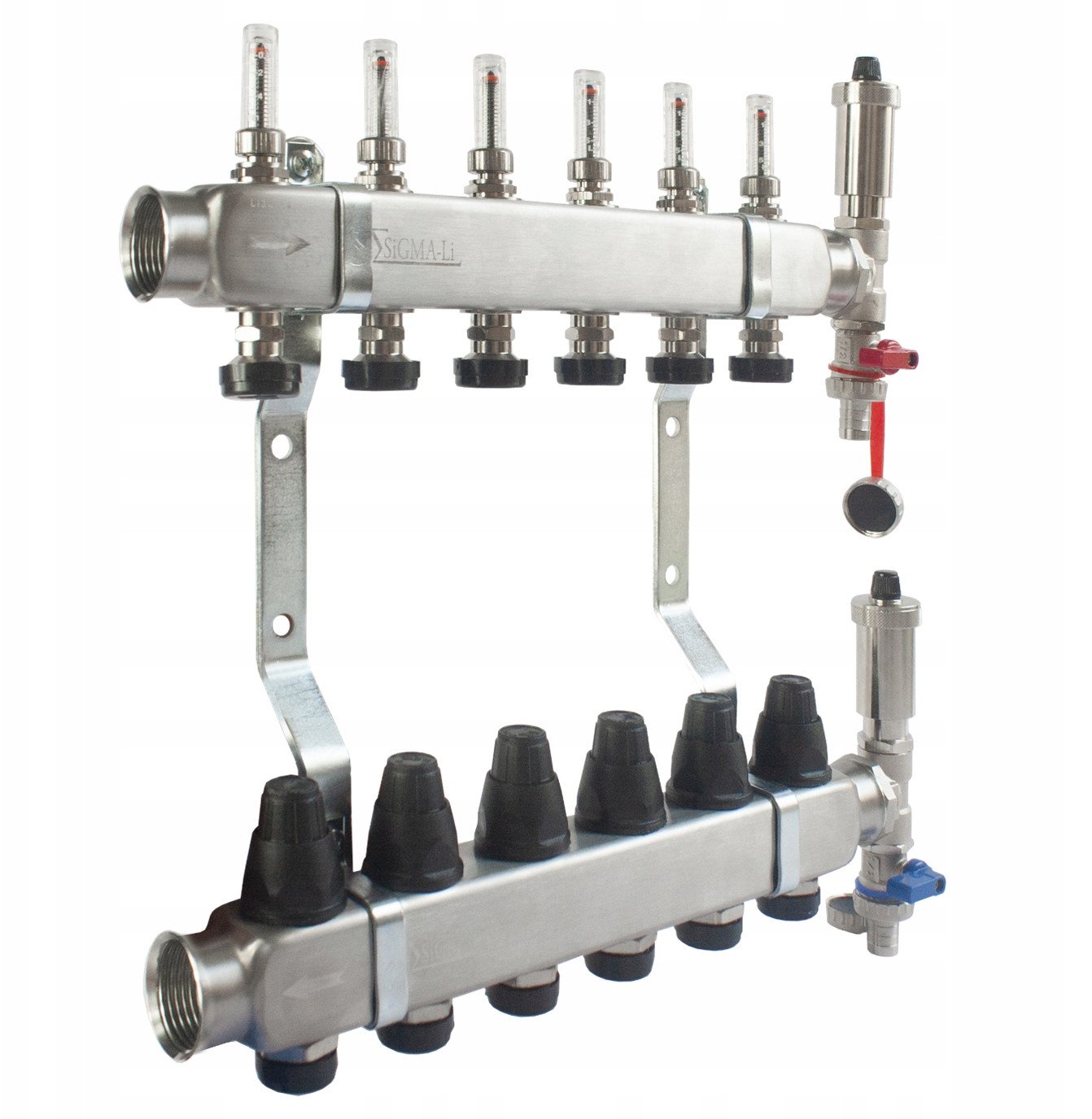 Rozdzielacz ze stali nierdzewnej INOX 14-drogowy z przepływomierzami, zaworami termostatycznymi, zaworami spustowymi i odpowietrznikami automatycznymi