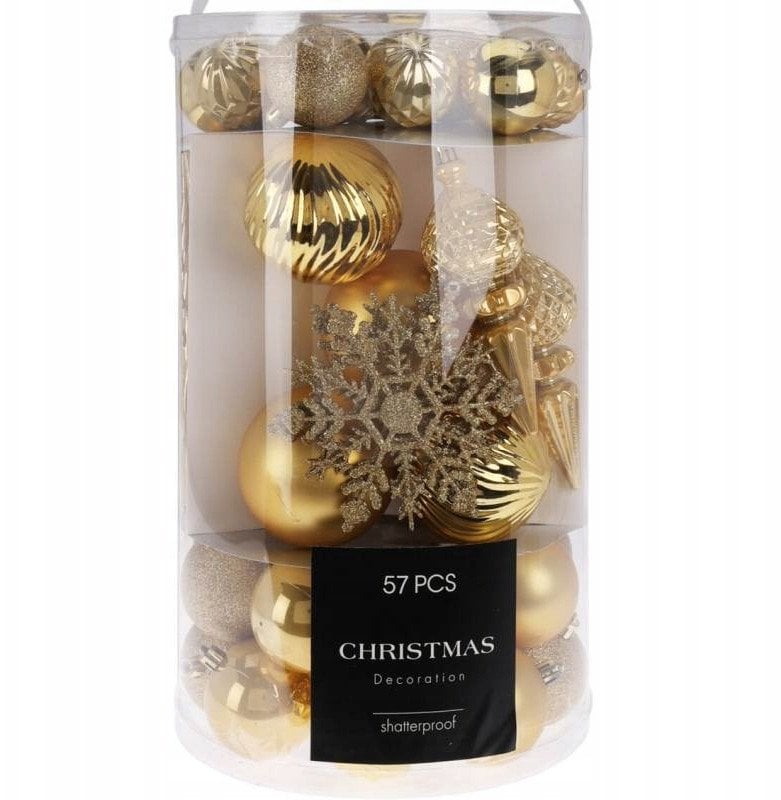 Zestaw 57 bombek choinkowych ozdoby świąteczne złote