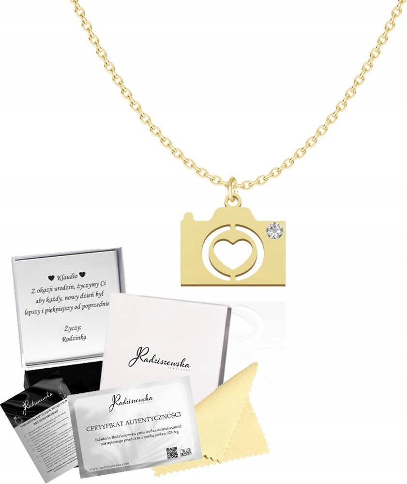 Radziszewska Jewellery Złoty Naszyjnik z Aparatem Fotograficznym SREBRO 925 DEDYKACJA GRATIS