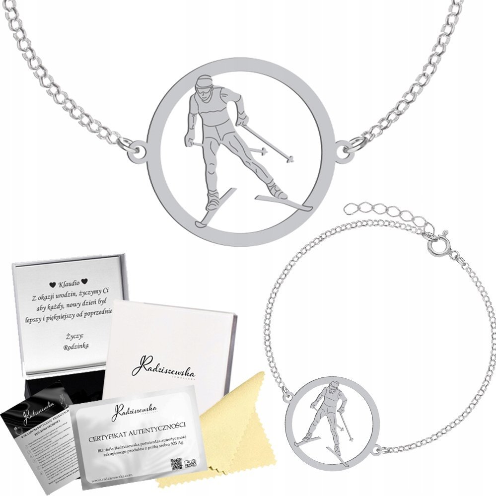 Radziszewska Jewellery Bransoletka Srebrna Biegi Narciarskie Łańcuszek 925 Prezent GRAWER GRATIS