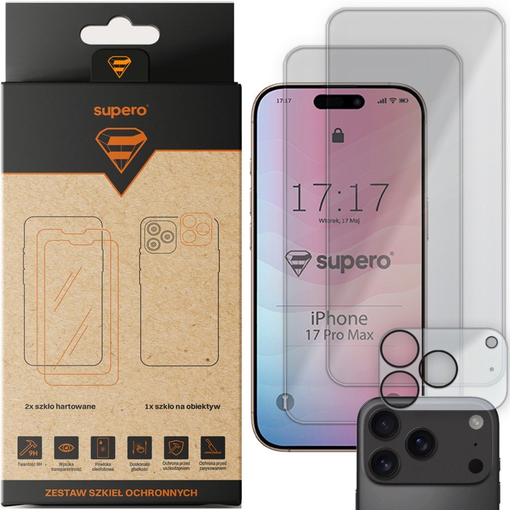 Szkło hartowane Supero do iPhone 17 Pro Max, 2 sztuki + szkło na aparat