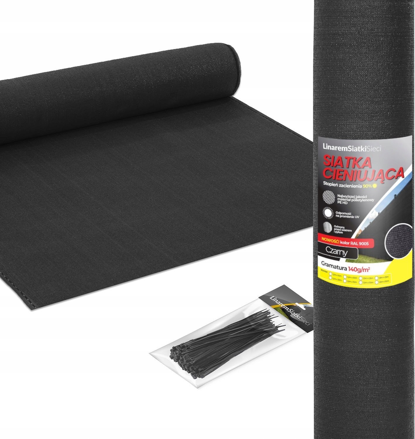 Linarem SiatkiSieci SIATKA CIENIUJĄCA 1,2x25m CZARNA 90% MASKUJĄCA OSŁONA NA OGRODZENIE PŁOT UV