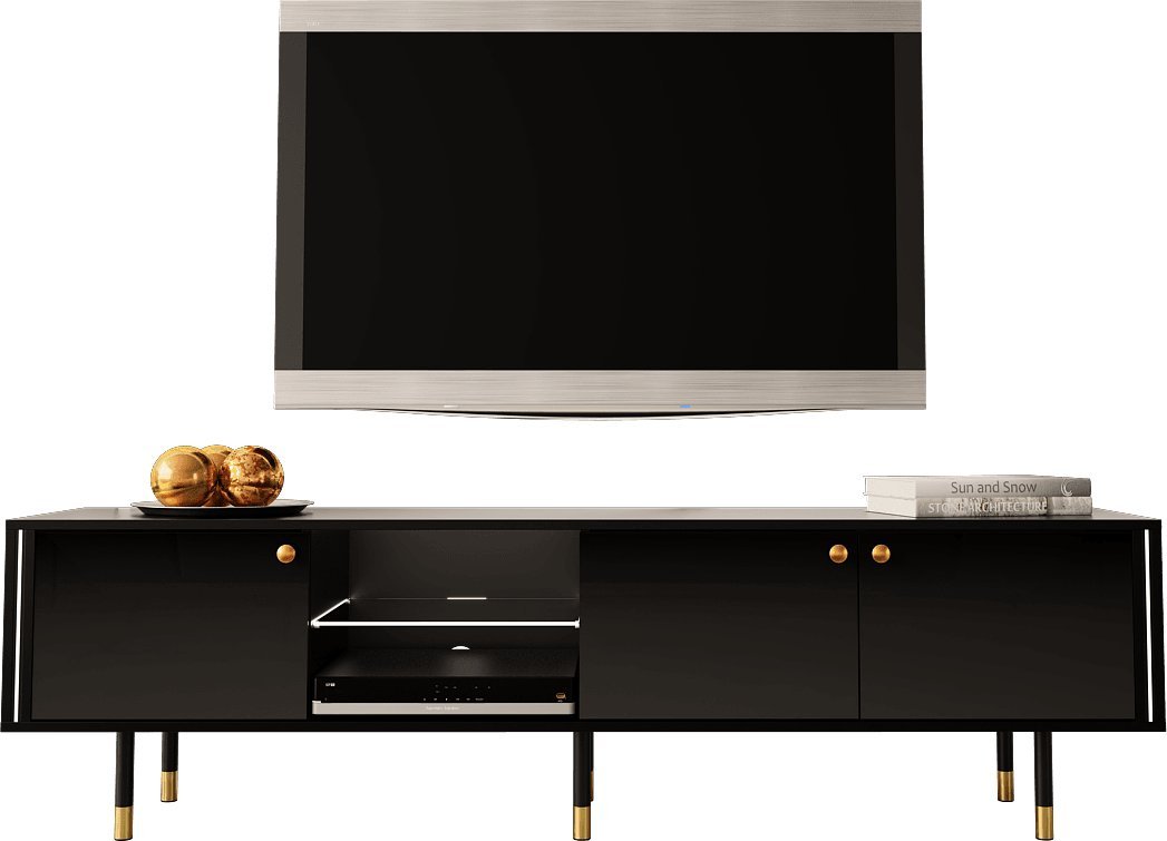 MEGSTYL SZAFKA RTV Z ZŁOTYMI ZDOBIENIAMI - CRISTAL 3 Czarny mat - Czarny połysk