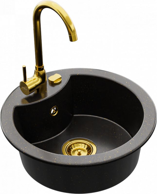 Zlewozmywak Mexen Mexen Diego zlewozmywak granitowy 1-komorowy z baterią kuchenną Telma, czarny/złoty - 6512-75-670200-50