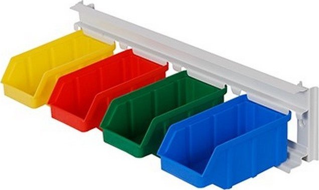 qBox Wieszak do zawieszania pojemników warsztatowych, wym. wieszaka 434 x 92 mm - 4 pojemniki (Pojemniki bez pojemników)