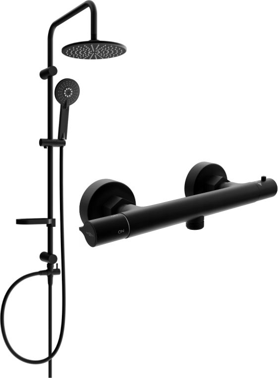 Zestaw prysznicowy Mexen Mexen Carl zestaw prysznicowy natynkowy z deszczownicą i baterią prysznicową termostatyczną Slim, czarny - 77105240-70