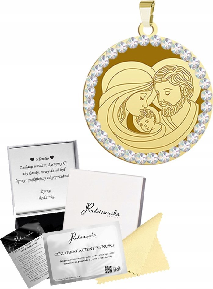 Radziszewska Jewellery Złoty Medalik Święta Rodzina SREBRO 925 Chrzest Komunia Prezent GRAWER