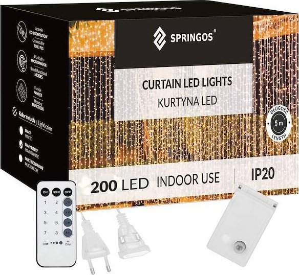 Springos Kurtyna świetlna 200 led girlanda, lampki sople biały ciepły UNIWERSALNY