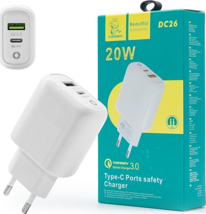 Ładowarka . DENMEN ŁADOWARKA SIECIOWA DUAL USB + USB-C 40W DC26