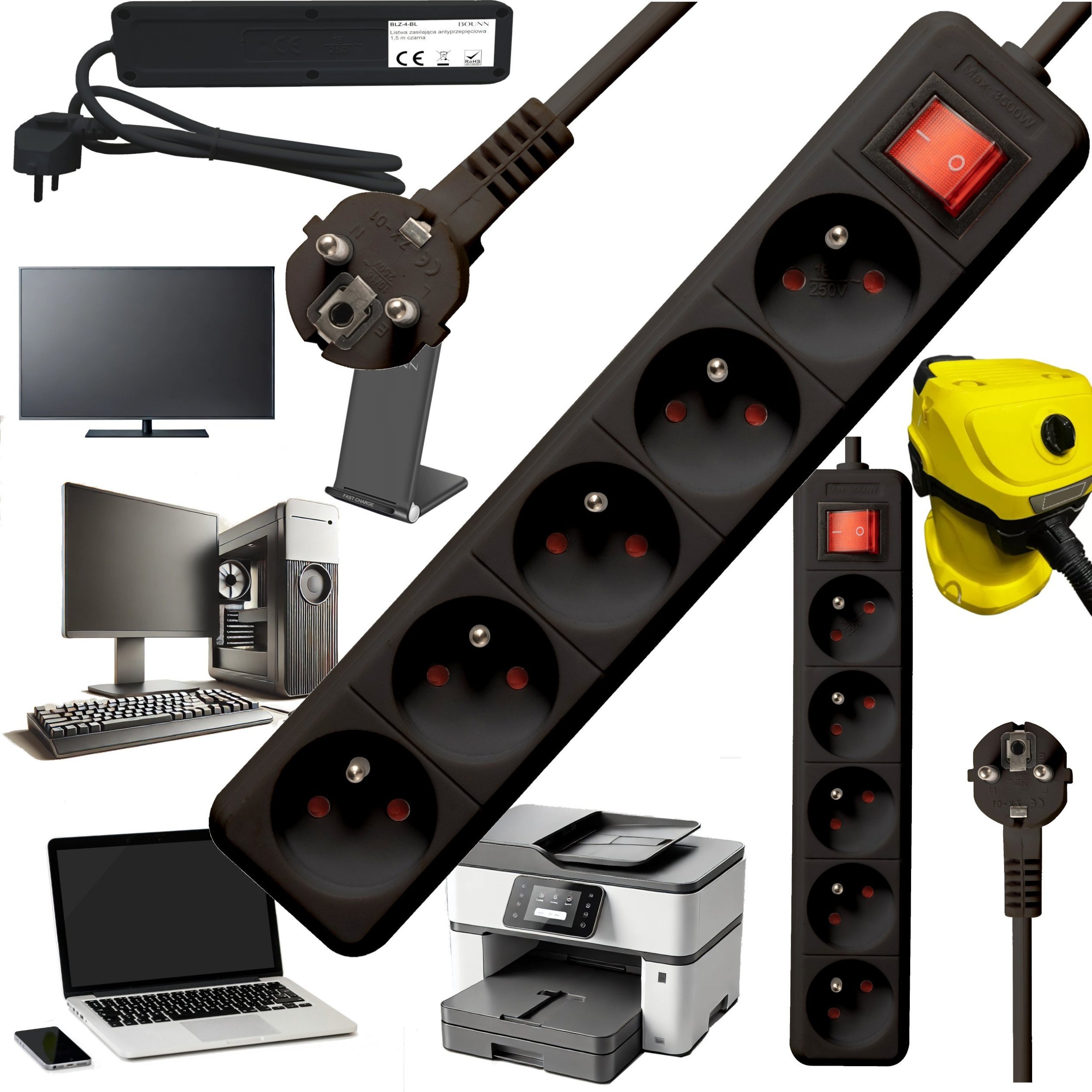 Listwa zasilająca Bounn BOUNN listwa zasilajÄca antyprzepiÄciowa 5 gniazd 1,5 m czarna 16A
