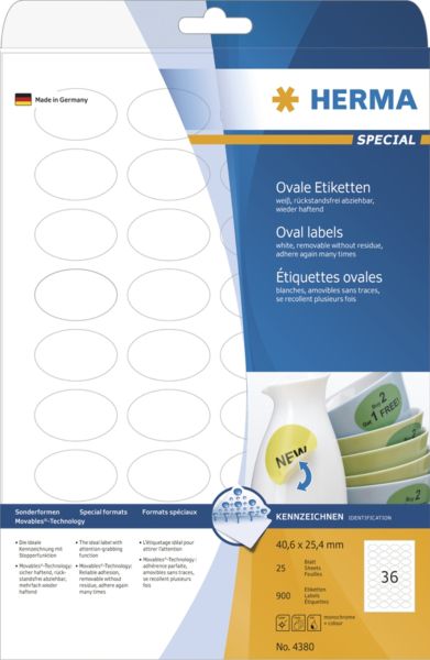Herma Etykiety odklejalne Movables A4, owalne, białe, papier matowy, 900 szt (4380)