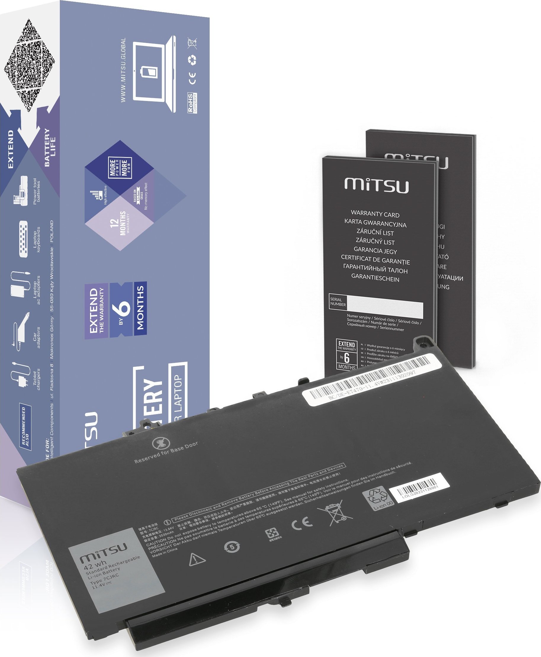 Bateria Mitsu Bateria 7CJRC do Dell Latitude E7270 E7470 - 11.4V