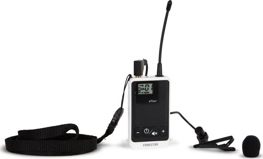 Dyktafon Fonestar Fonestar TOUR-1T - Bezprzewodowy nadajnik komunikatów z mikrofonem typu "klips". Obsługa dowolnej ilości odbiorników. Zasięg do 50m