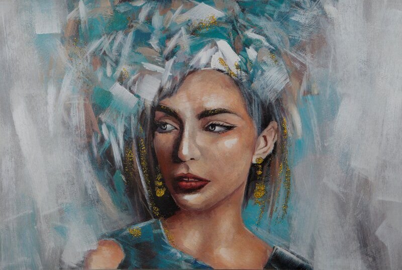 Eurofirany Obraz ręcznie malowany kobieta 80X120 szary+turkusowy