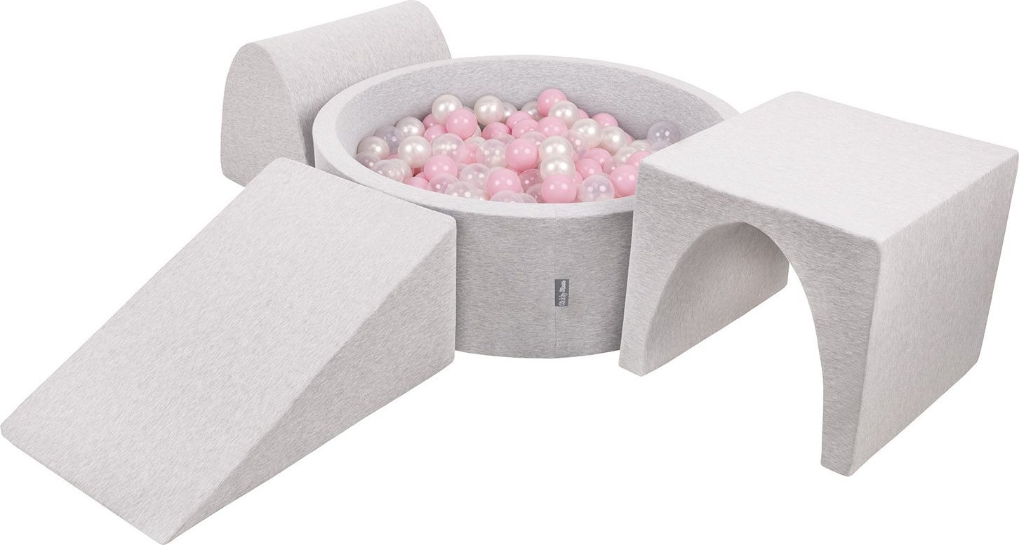 KiddyMoon KiddyMoon Piankowy plac zabaw PPZP-OK30D-124 z piłeczkami jasnoszary: pudrowy róż-perła-transparent basen 200/klin L/górka/tunel Zabawka pla