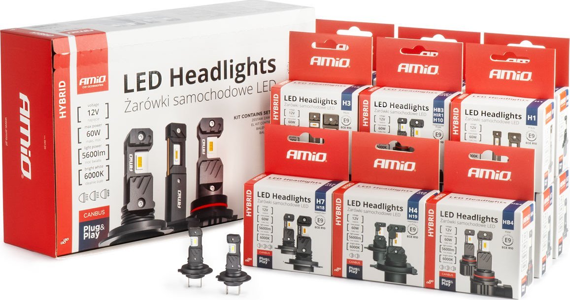 AMiO Żarówki samochodowe led seria hybrid h1 h3 h4 h7 hb3 hb4 6000k canbus 16 kpl. amio-04120