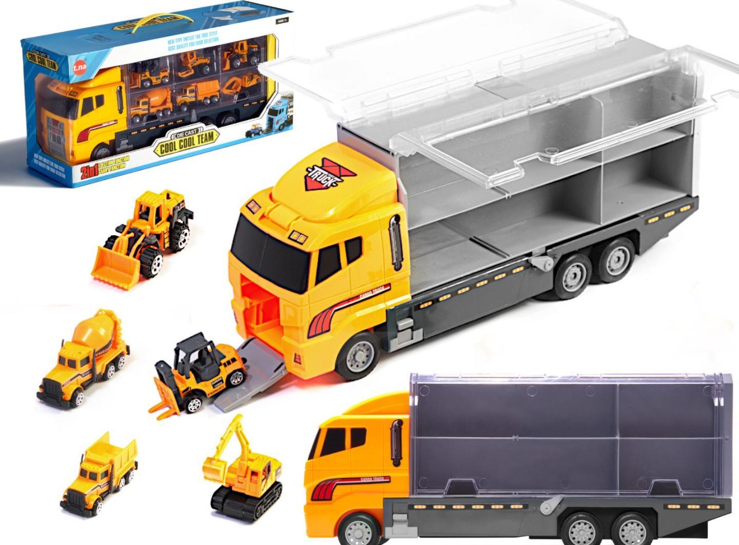 DWM TRANSPORTER CIĘŻARÓWKA TIR WYRZUTNIA + METALOWE AUTA MASZYNY BUDOWLANE