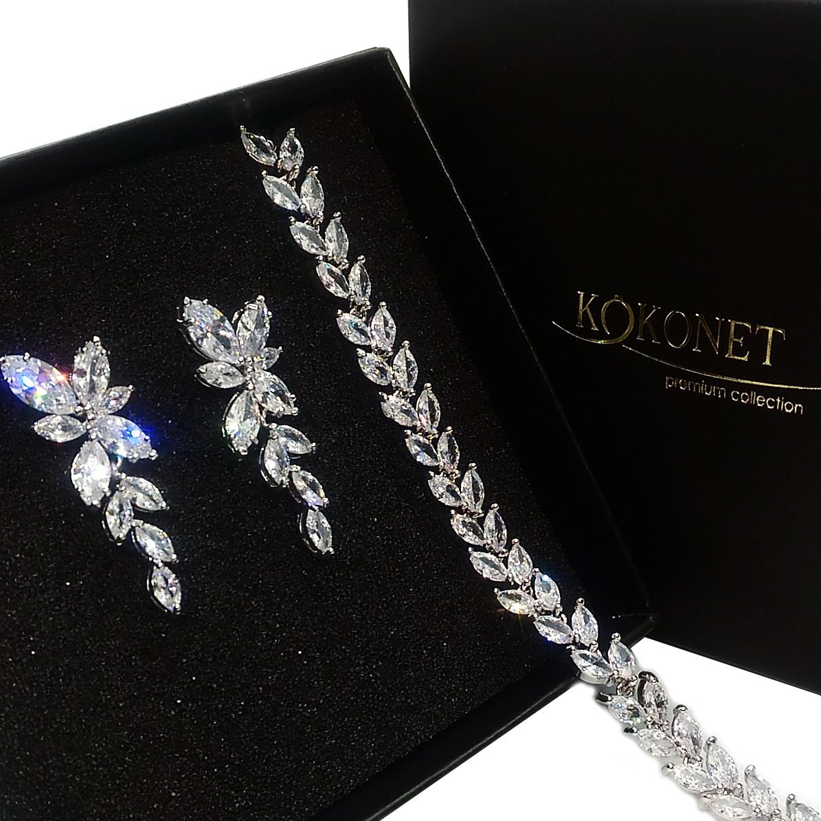 KOKONET Kolczyki kwiaty z cyrkoniami delikatne elegancja srebro zestaw bransoletka