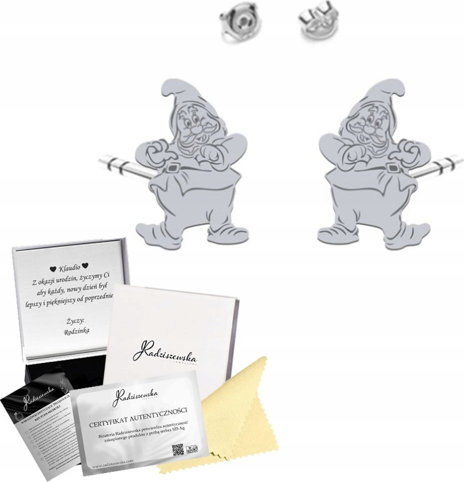 Radziszewska Jewellery Kolczyki Srebrne Krasnal Sztyfty Prezent Biżuteria ŻYCZENIA GRATIS