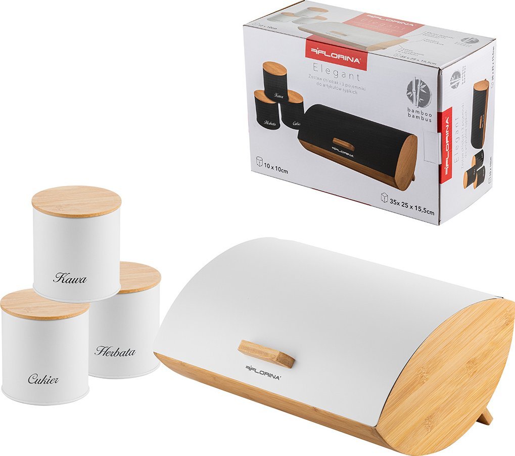 Chlebak Florina Zestaw kuchenny chlebak i 3 pojemniki na kawę herbatę cukier Elegant biały