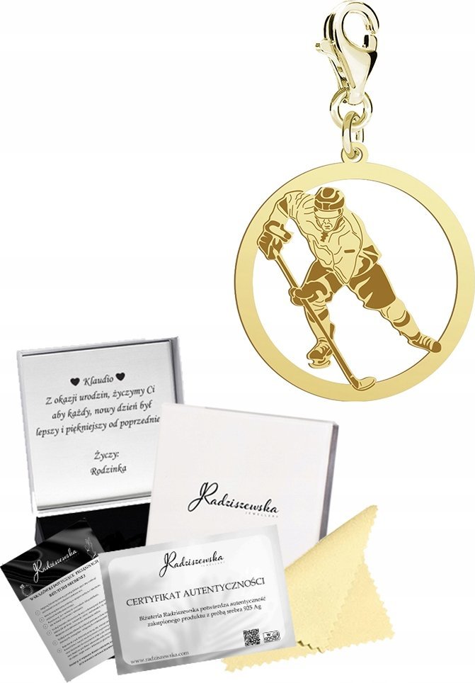 Radziszewska Jewellery Złoty Charms HOKEISTA HOKEJ Prezent Biżuteria SREBRO 925 DEDYKACJA GRATIS