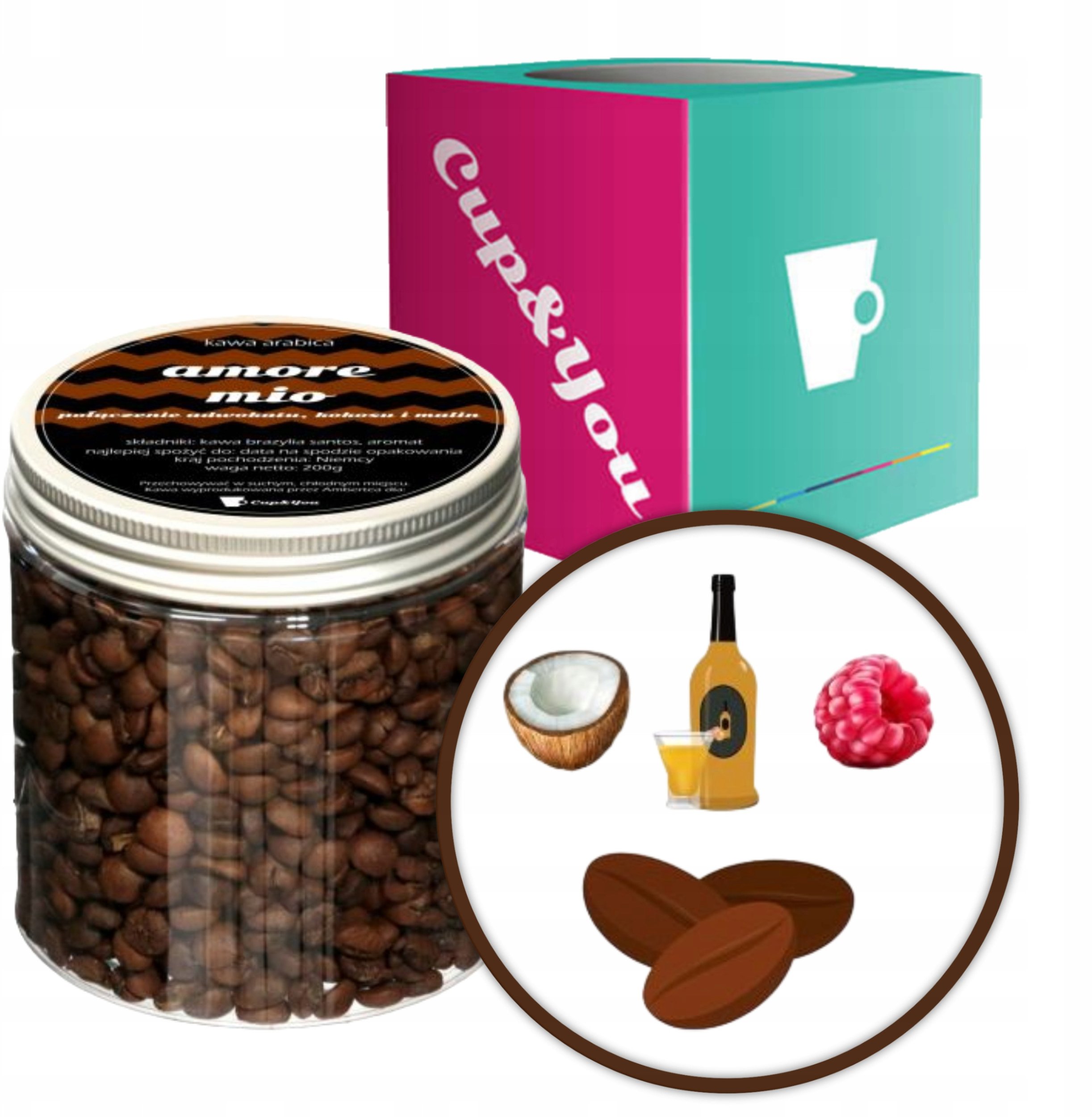 Kawa aromatyzowana o smaku AMORE MIO ziarnista ARABICA PREMIUM Cup&You 200g na prezent upominek dla kobiety mężczyzny faceta mamy taty żony męża