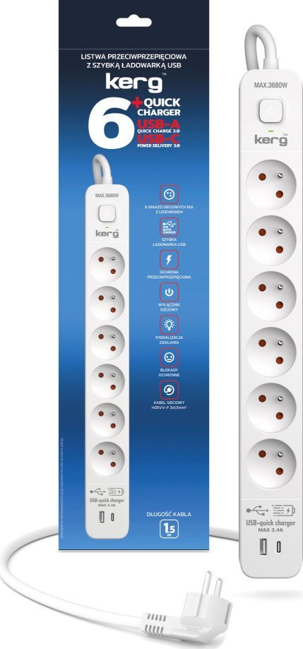 Urządz. zas.-zabezpiecz. KERG z wyłącznikiem-6 gniazd-USBC+USBA-biało-szary-3m-16A-H05VV-F-3x1,5mm2 one size