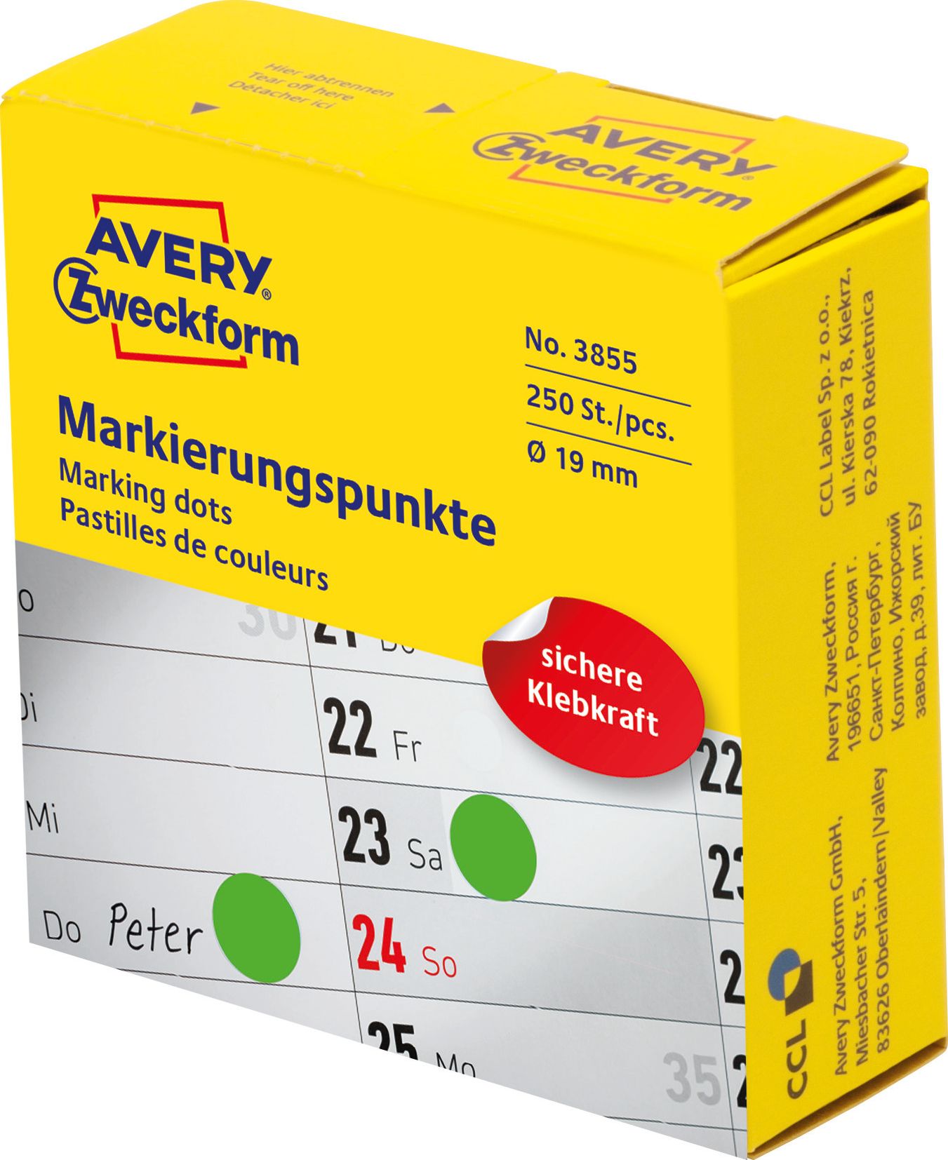 Avery Zweckform Kółka do zaznaczania w dyspenserze Avery Zweckform, 250 szt./rolka, O19 mm, zielone, ZIELONY
