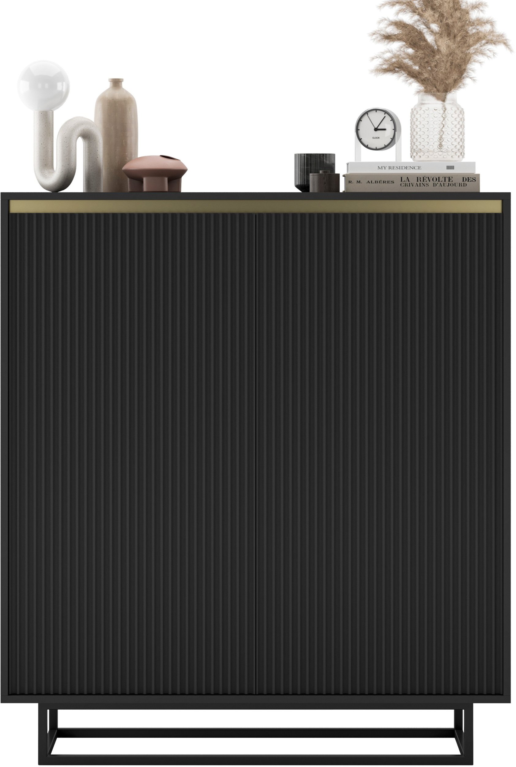 Komoda RTV SELENE Glamour Czarny Mat Ryflowane fronty czarna rama 110,8 cm