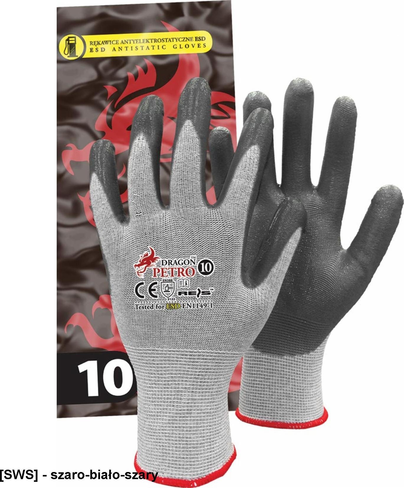 R.E.I.S. PETRO - rękawice antyelektrostatyczne ESD, z przędzy nylonowo-karbonowej, powlekane nitrylem 10